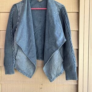 Natural Reflections Washed Navy Open-Front Draped Cardigan Knit sleeves